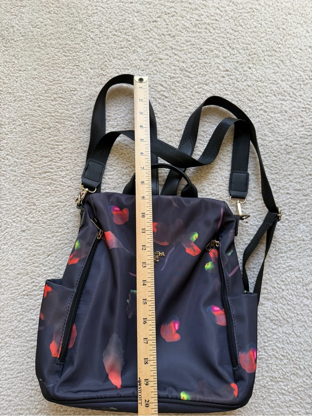 Black Floral Print Nylon Backpack - Women's Convertible Daypack